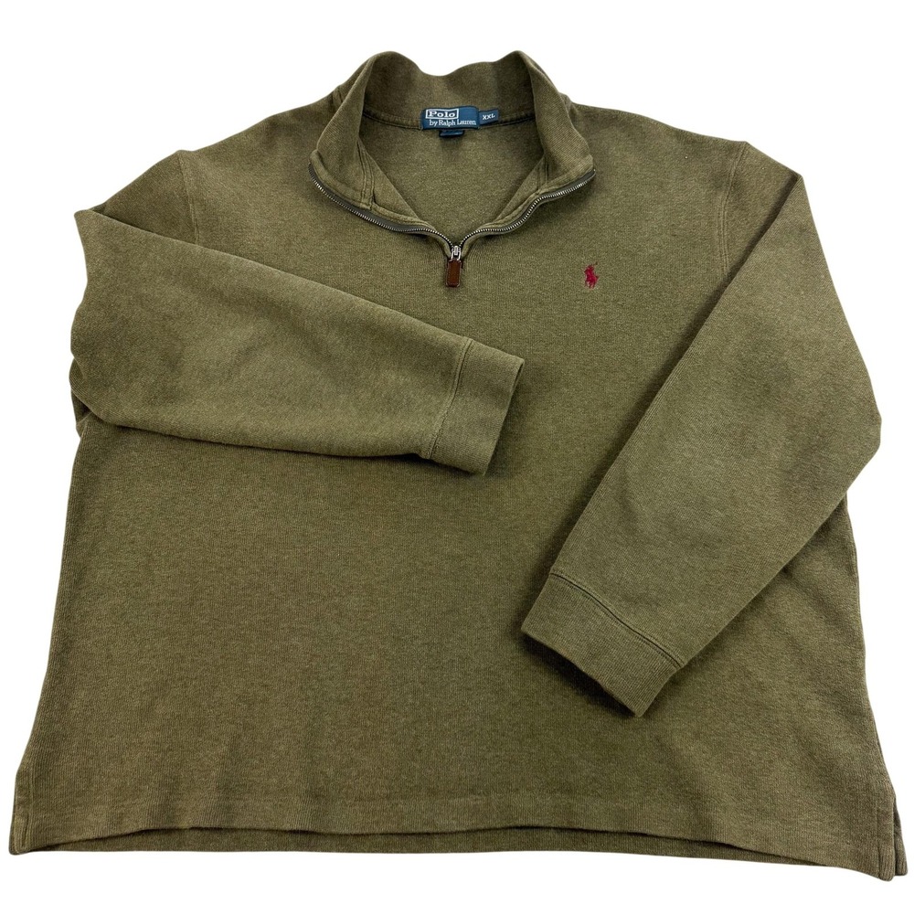 Polo By Ralph Lauren Sweater Mens 2XL Green Cotton 1/4 Zip Mock Neck Boxy Fit